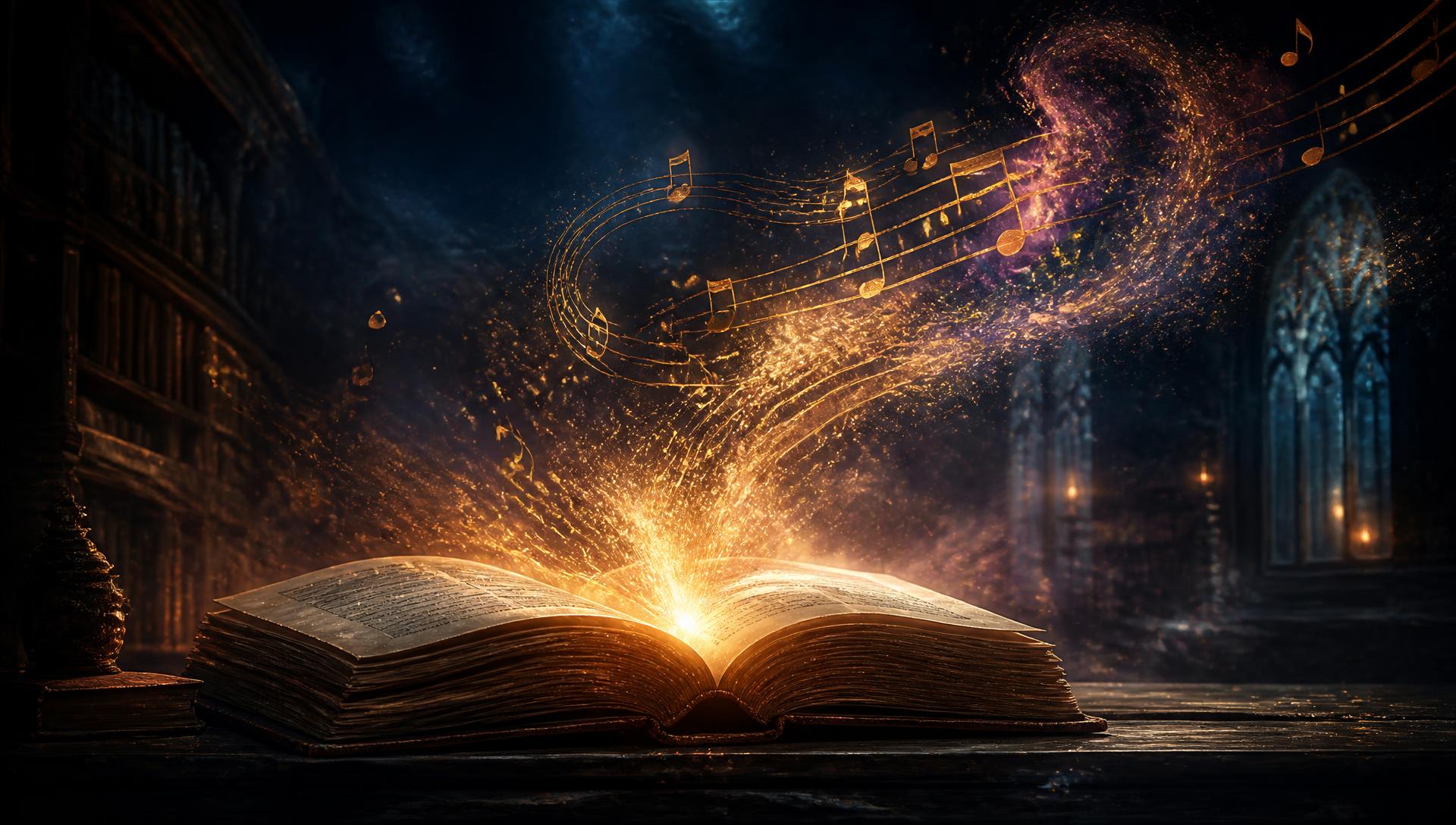 An open book with golden light and musical notes rising from its pages
